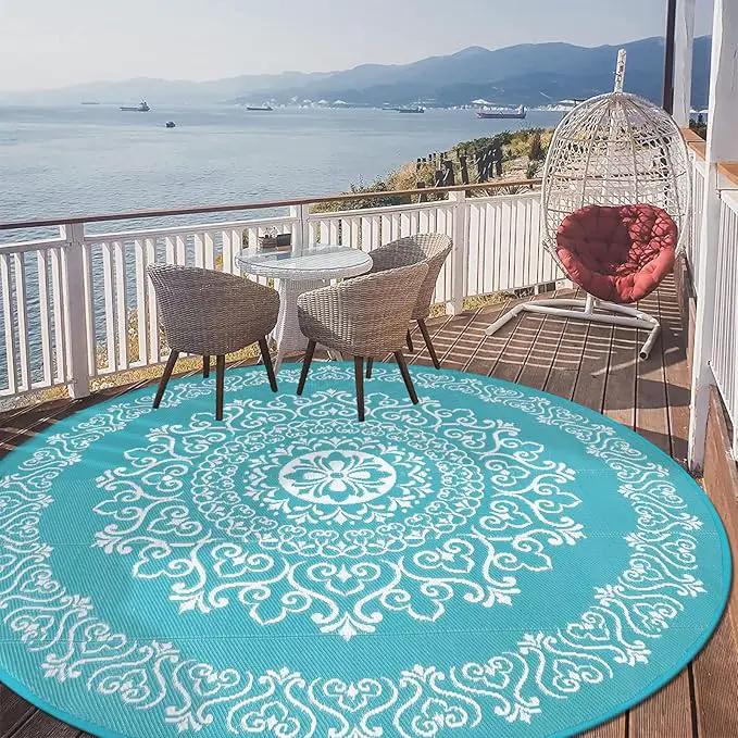 Pauwer Waterproof Outdoor Rug 8ft, Reversible Plastic Straw Patio Camping Rug, Indoor Outdoor RV Mat Carpet for Deck, Camper, Porch, Balcony, Backyard, Picnic, Floral Teal by GreenHaven Gardens