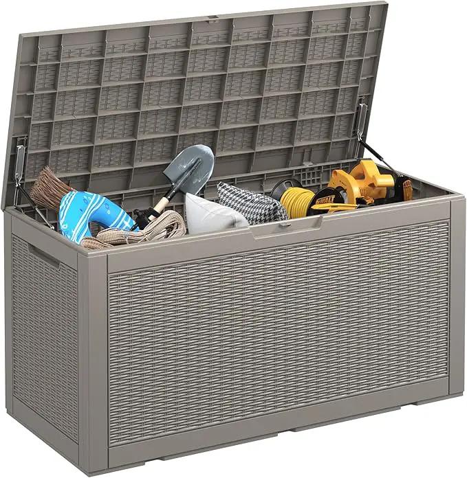 KAMABOKO 101 Gallon Waterproof Large Resin Deck Box, Lockable Large Outdoor Storage Boxes Indoor Outdoor Storage Container for Patio Cushions, Gardening Tools, Pool Supplies, Grey by GreenHaven Gardens