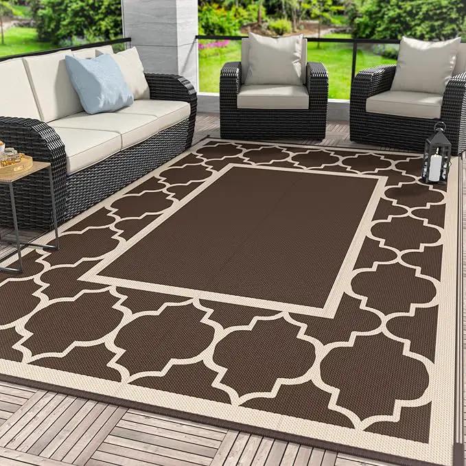 GENIMO 5' x 8' Outdoor Rug Waterproof for Patio Decor, Foldable Reversible Plastic Straw Area Rugs Mat for Camper, Outside Carpet for Rv, Deck, Porch, Picnic, Beach, Balcony, Coffee & Beige by GreenHaven Gardens