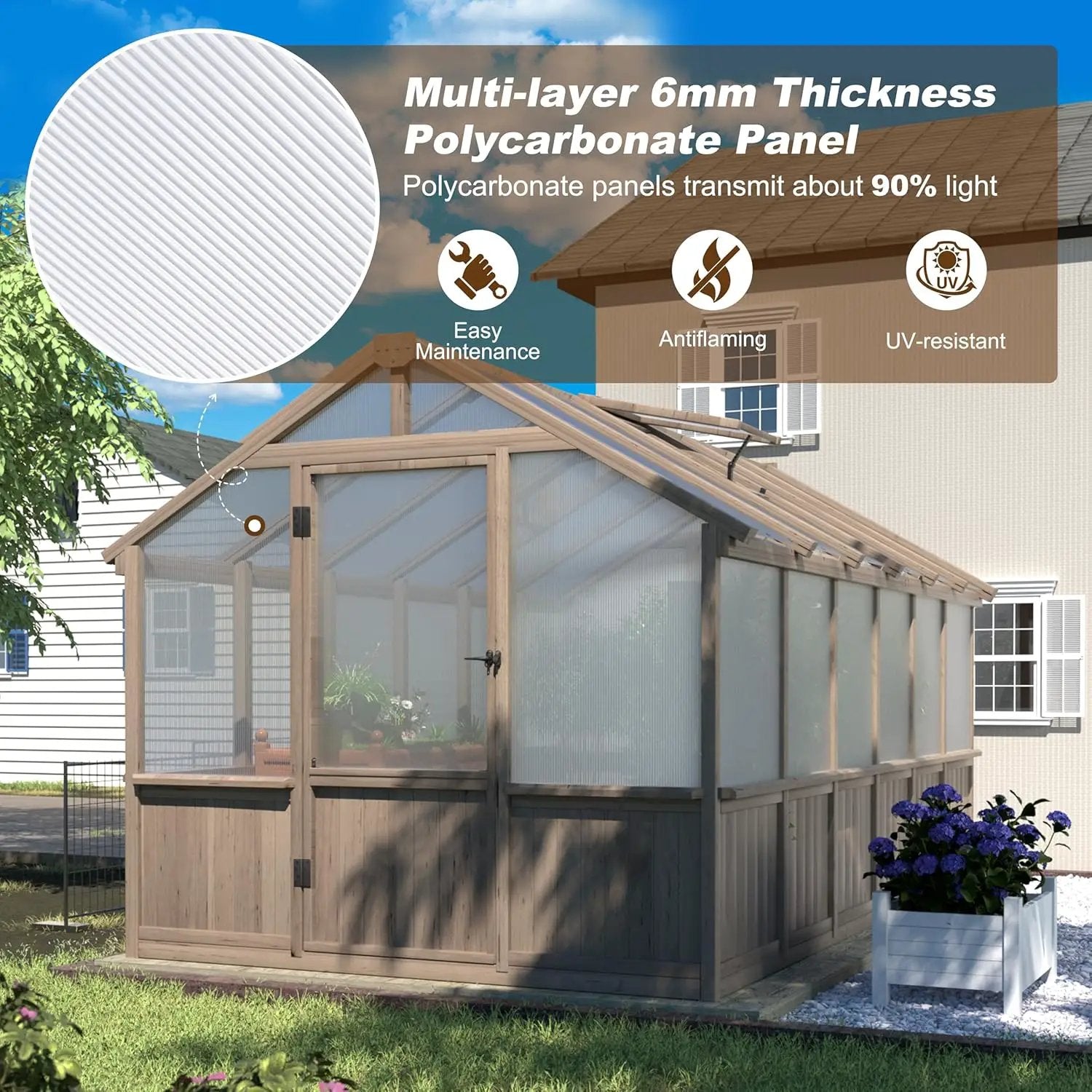 MUPATER 8' x 12' Outdoors Walk-in Greenhouse, Wood Greenhouse with Ventilated Window and Lockable Door, 6mm Polycarbonate Panels for UV Protection and Heat Insulation,Suitable for Patio, Backyard by GreenHaven Gardens