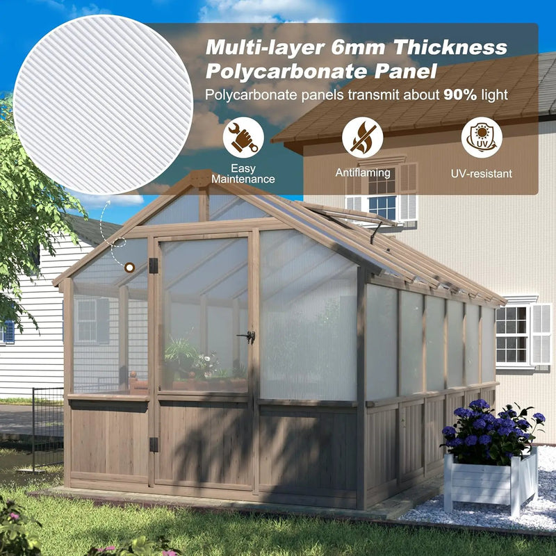 MUPATER 8' x 12' Outdoors Walk-in Greenhouse, Wood Greenhouse with Ventilated Window and Lockable Door, 6mm Polycarbonate Panels for UV Protection and Heat Insulation,Suitable for Patio, Backyard by GreenHaven Gardens