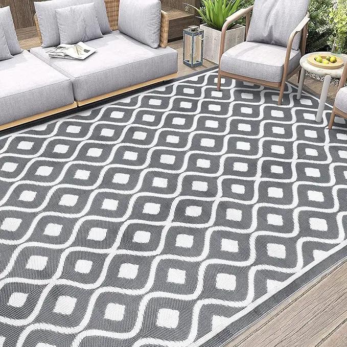 Pauwer Waterproof Outdoor Rug 8x10, Reversible Plastic Straw Patio Camping Rug, Indoor Outdoor RV Mat Carpet for Deck, Camper, Porch, Balcony, Backyard, Picnic, Geometric Grey by GreenHaven Gardens