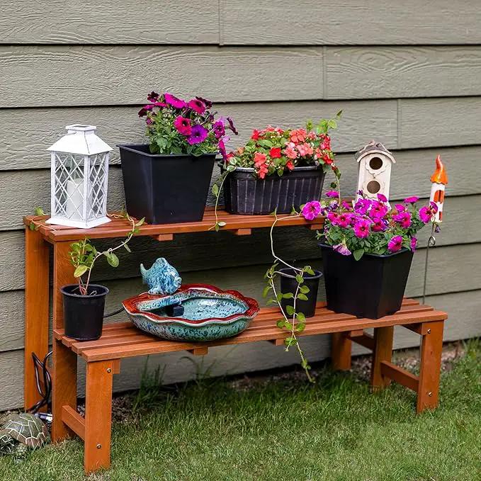 Sunnydaze 2-Tier Meranti Outdoor Wood Plant Stand - Indoor Plant Bench with Teak Oil Finish - 24-Inch by GreenHaven Gardens