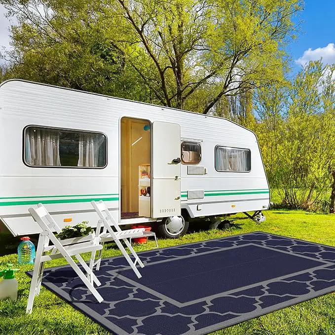 GENIMO 10 ' x 14 ' Outdoor Rug Waterproof for Patio Decor, Foldable Reversible Plastic Straw Area Rugs Mat for Camper, Outside Carpet for Rv, Deck, Porch, Picnic, Beach, Balcony, Blue & Grey by GreenHaven Gardens