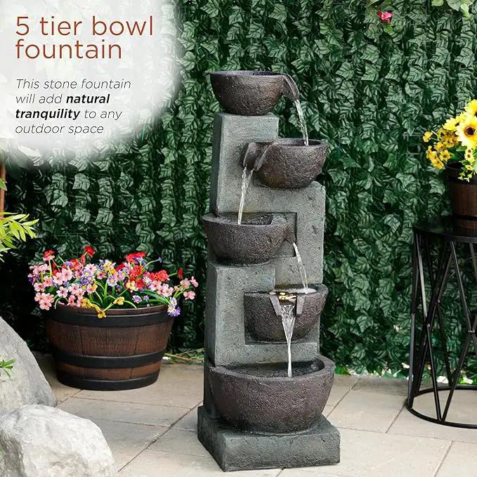 Alpine Corporation TZL390 Elegant Outdoor 5 Tier Bowls Waterfall Fountain with LED Lights for Garden, Patio, Yard, and Outdoor Spaces, Relaxing Cascading Fountain, 39" H, Gray by GreenHaven Gardens