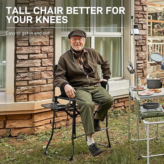 EVER ADVANCED 2 Piece Portable 30.7" Seat Height Tall Folding Camping Chair Directors Chair High with Side Table for Makeup Artist, Sports Event, Craft Show, Supports 350LBS Black Grey by GreenHaven Gardens