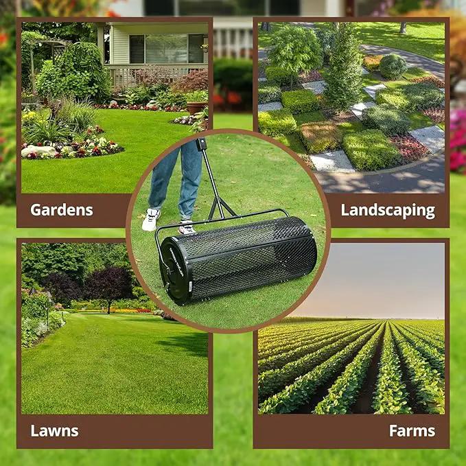 Compost Spreader 36 Inch Towable Peat Moss Spreader with Installation Support Accessories, Metal Mesh Roller Lawn Spreader for Top Soil, Manure, Mulch, Top Dressing - Garden spreaders for lawns by GreenHaven Gardens