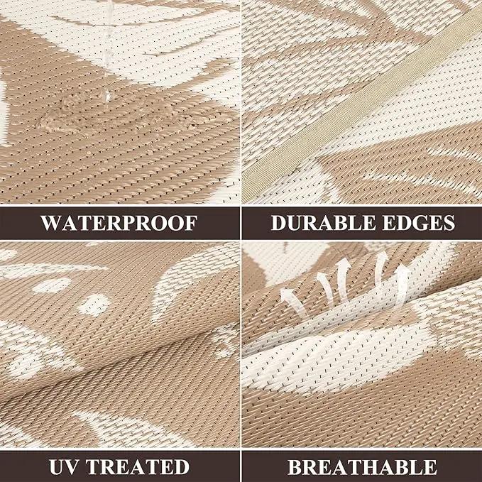 Pauwer Waterproof Outdoor Rug 8x10, Reversible Plastic Straw Patio Camping Rug, Indoor Outdoor RV Mat Carpet for Deck, Camper, Porch, Balcony, Backyard, Picnic, Floral Brown by GreenHaven Gardens
