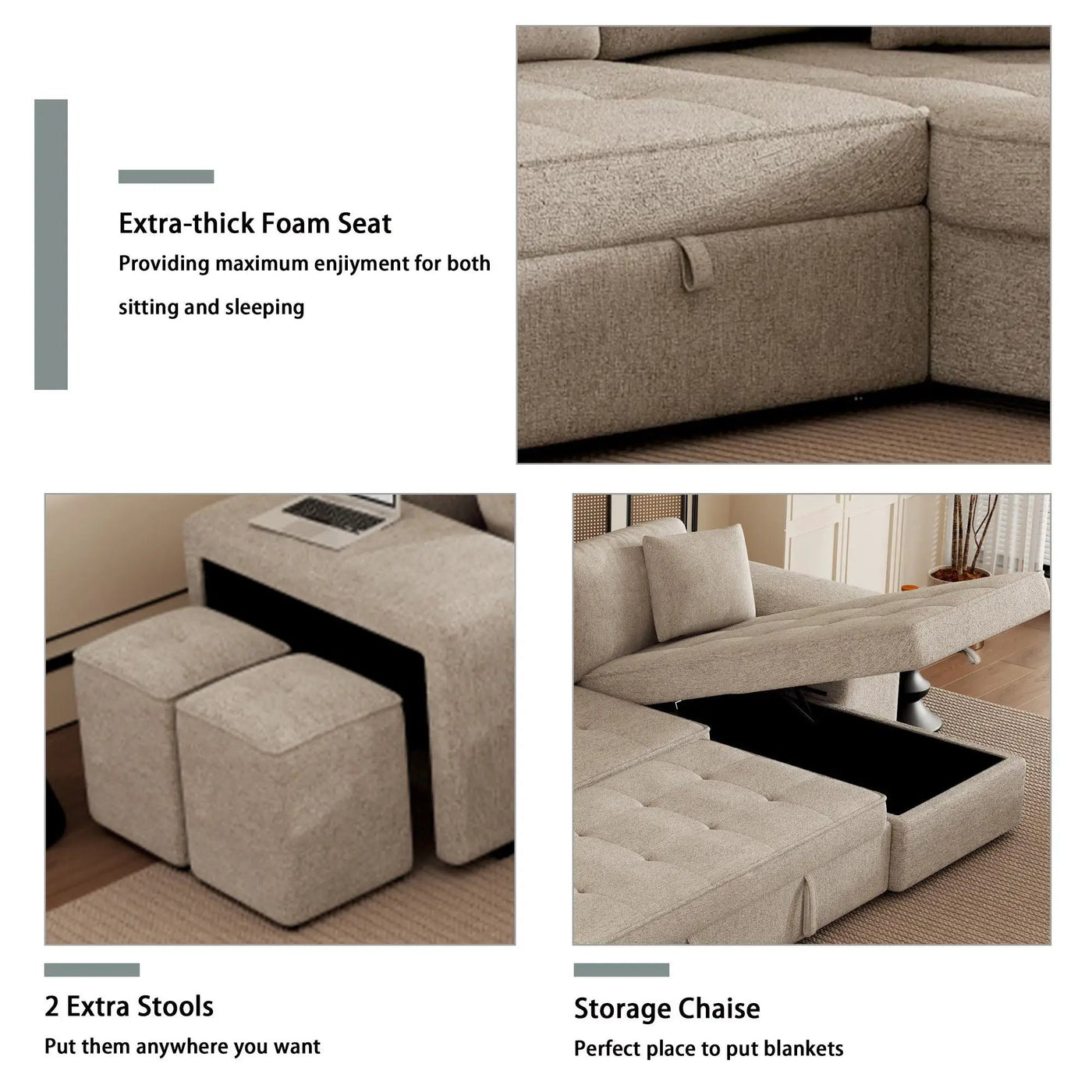 Modern L-Shape 3 Seat Reversible Sectional Couch, Pull Out Sleeper Sofa With Storage Chaise And 2 Stools For Living Room Furniture Set by Unique Piece Furniture