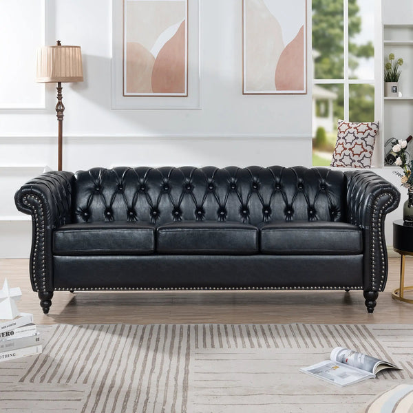 84.65" Black PU Rolled Arm Chesterfield Three Seater Sofa
