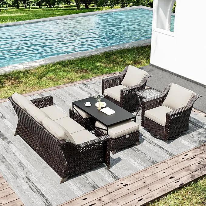 Joyside Wicker Patio Furniture Sets, 7 Pieces Upgraded Large Size Outdoor Furniture with Swivel Rocking Patio Chairs, 3-Seat Sofa, Outdoor Ottoman and Coffee Table, Thick Cushions, Wide Armrest by GreenHaven Gardens