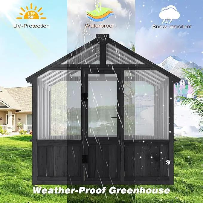 6x8 FT Greenhouse Kit for Outdoor, Thickened Polycarbonate Panel Wooden Walk-in Green House with Lockable Door and Adjustable Roof Vent, Backyard Garden, Black by GreenHaven Gardens