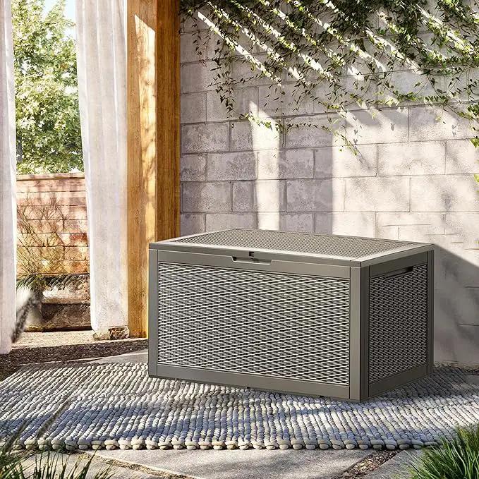 100 Gallon Lockable Resin Deck Box, Waterproof & UV-Resistant Outdoor Storage Box for Outdoor Cushion Storage, Garden Tools & Pool Accessories Storage, Gray by GreenHaven Gardens