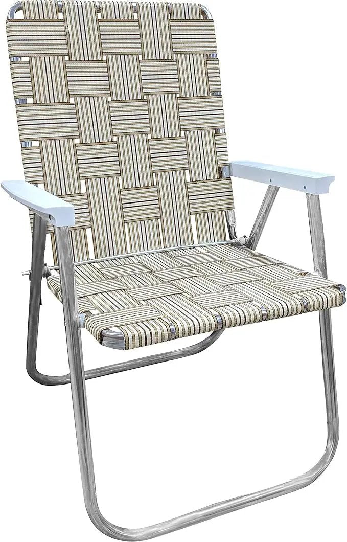 Lawn Chair USA Folding Aluminum Outdoor Patio Lawn Chair | Heavy-Duty Webbed Chairs for Camping, Sports, Beach, Yard & Tailgating | Lightweight Portable | Classic - Tan Stripe with White Arms by GreenHaven Gardens