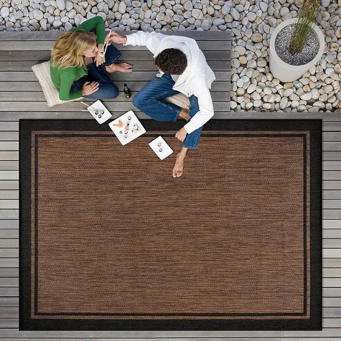 CAMILSON Indoor Outdoor Rug, 6x9 Bordered Nut Brown Black Modern Area Rugs for Indoor and Outdoor Patios, Kitchen and Hallway Mats, Washable Porch Deck Outside Carpet (Bordered Nut Brown Black, 6 x 9) by GreenHaven Gardens