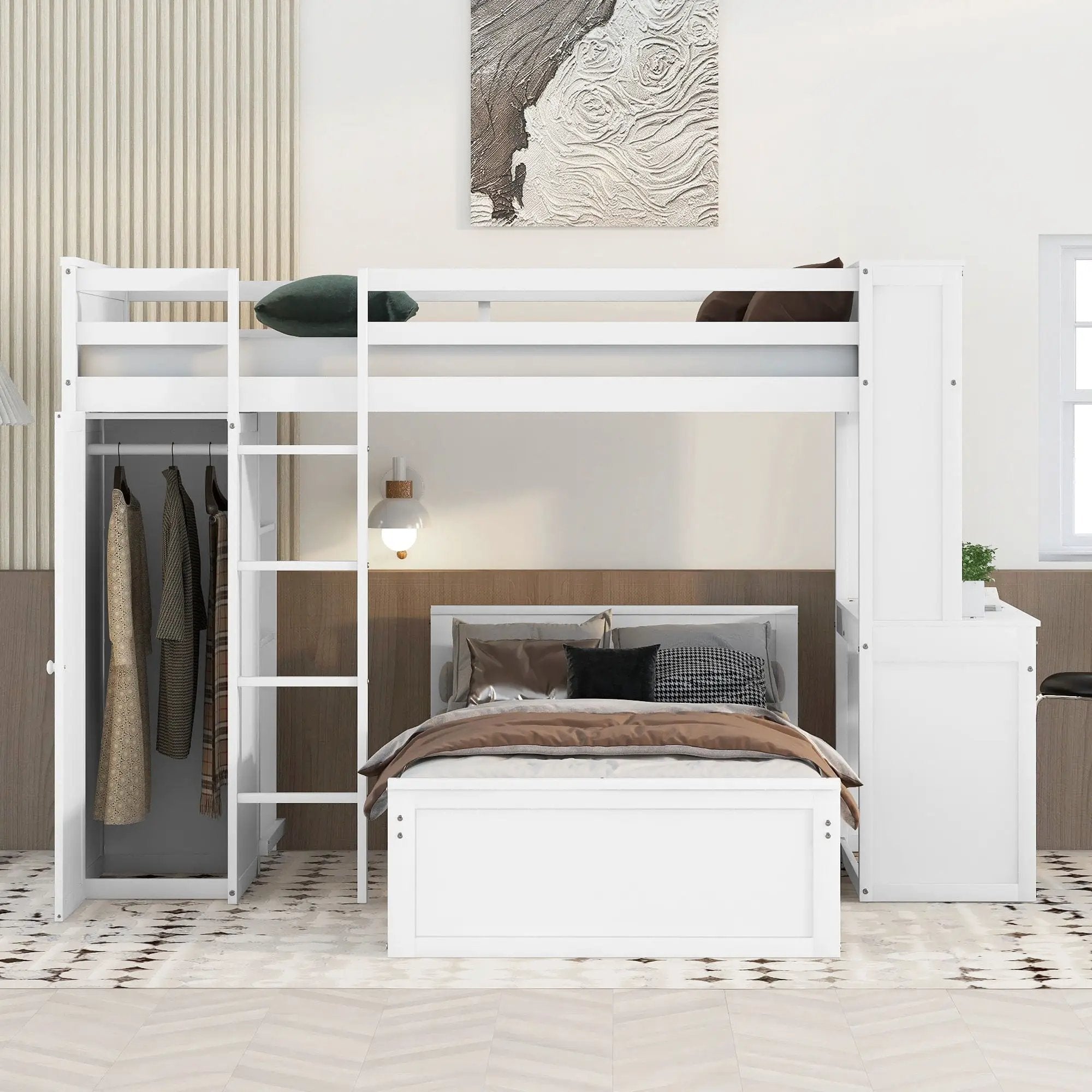 Loft Bed With A Stand Alone Bed, Shelves, Desk, And Wardrobe by Unique Piece Furniture
