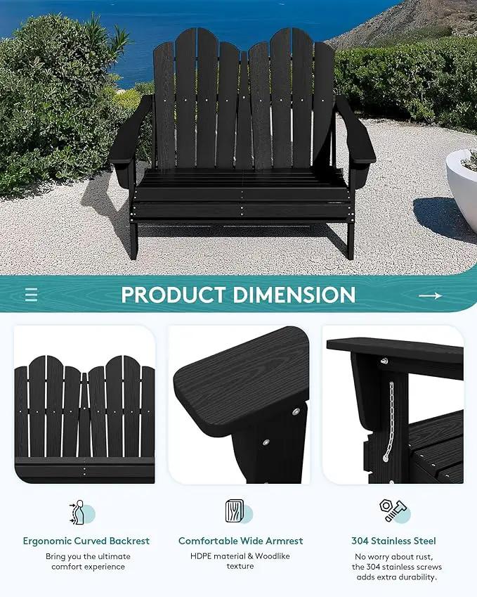 SERWALL Folding Adirondack Bench, HDPE All-Weather Adirondack Loveseat, 660 lbs Capacity, Foldable Outdoor Patio Bench for Deck, Lawn, Garden, Black by GreenHaven Gardens