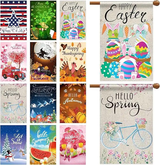12 Pack 28 x 40 Inch Seasonal Spring Large Holiday Yard Flags Easter 4th of July Garden Lawn Double Sided Seasonal Flags Polyester Festive Set for Outdoor Decoration by GreenHaven Gardens