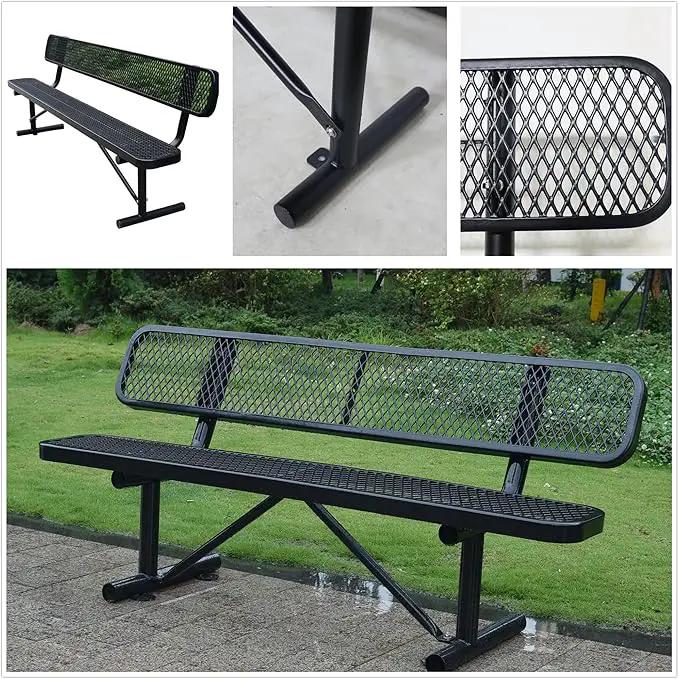 6 FT Heavy Duty Park Bench, Outdoor Metal Black Bench with Back-Commercial Steel Benches for Outside, 2-4 Person Seat-Garden Benches with Portable Frame for Outdoors by GreenHaven Gardens
