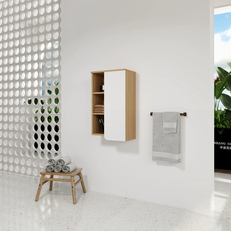 Wall Mounted Bathroom Side Cabinet, Single Door With 3 Tier Open Shelves - Black / Light Oak / White by Unique Piece Furniture