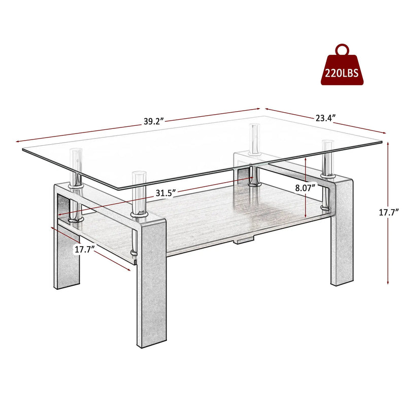 Modern Rectangular Coffee Table With Tempered Glass Top Layer, Table For Living Room - Transparent by HouseOfZazla