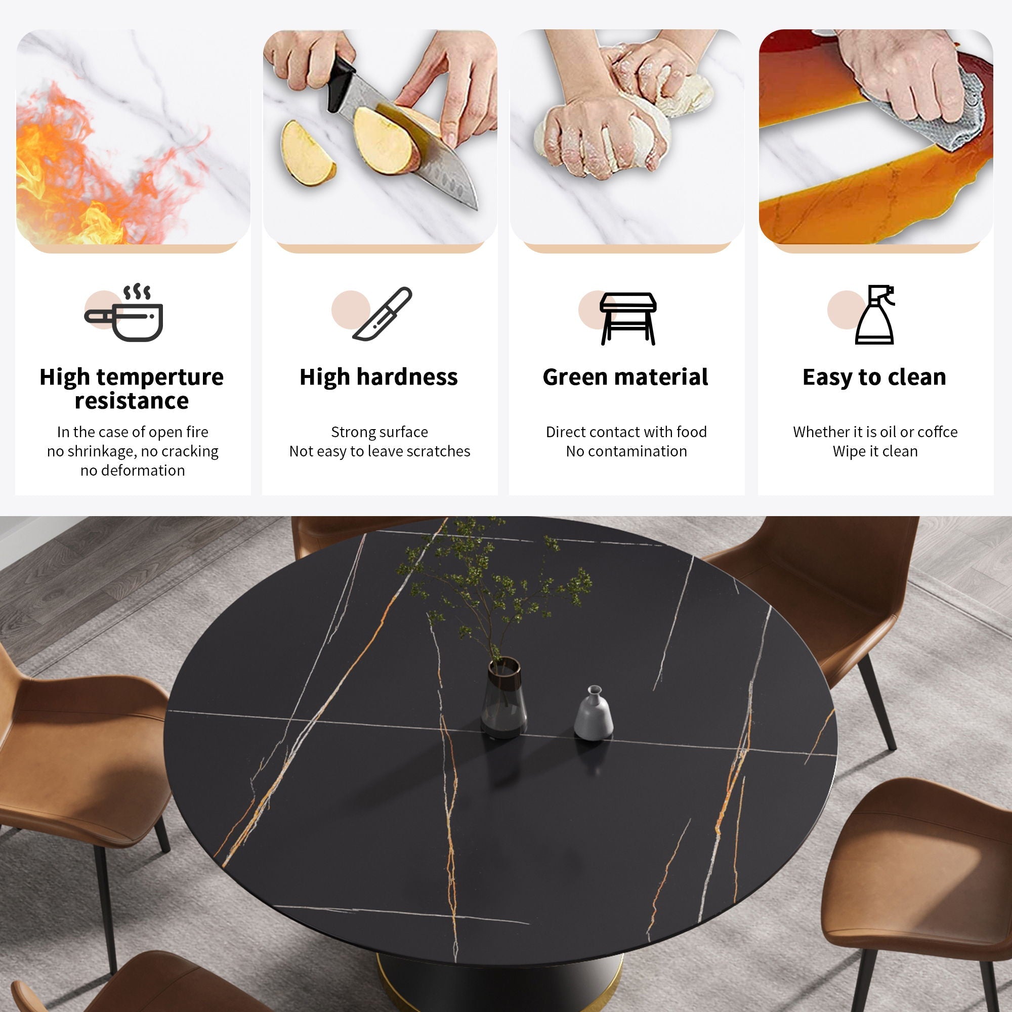 59.05" Modern Artificial Stone Round Black Carbon Steel Base Dining Table, Can Accommodate 6 People - Black by HouseOfZazla
