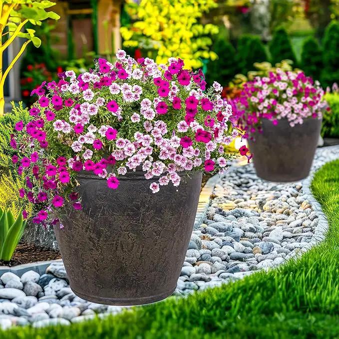 Sunnydaze 24-Inch Anjelica Large Plastic Pot for Plants - Outdoor Polyresin Round Planter with Drillable Drainage Holes - Sable by GreenHaven Gardens