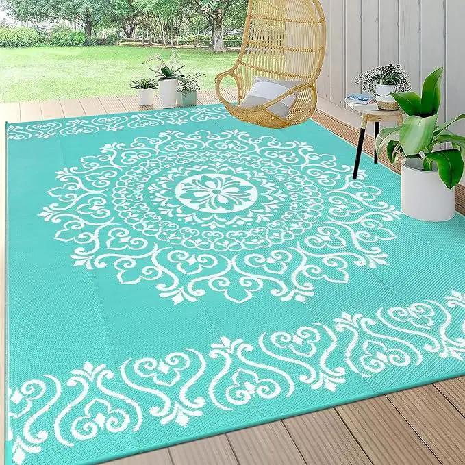 Pauwer Waterproof Outdoor Rug 8x10, Reversible Plastic Straw Patio Camping Rug, Indoor Outdoor RV Mat Carpet for Deck, Camper, Porch, Balcony, Backyard, Picnic, Floral Light Blue by GreenHaven Gardens