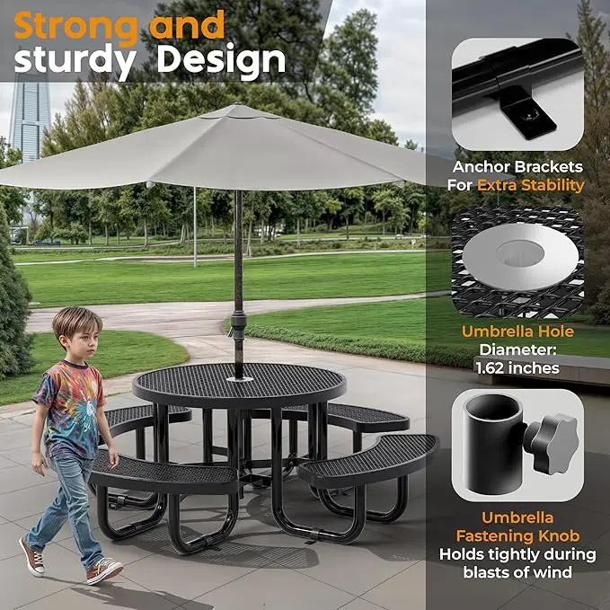 Metal Picnic Tables for Kids for Outdoors with Umbrella Hole - Coated Steel Heavy Duty Commercial Grade Table with Adjustable Seats (Black, 38 in, Kids, Expanded Steel) by GreenHaven Gardens