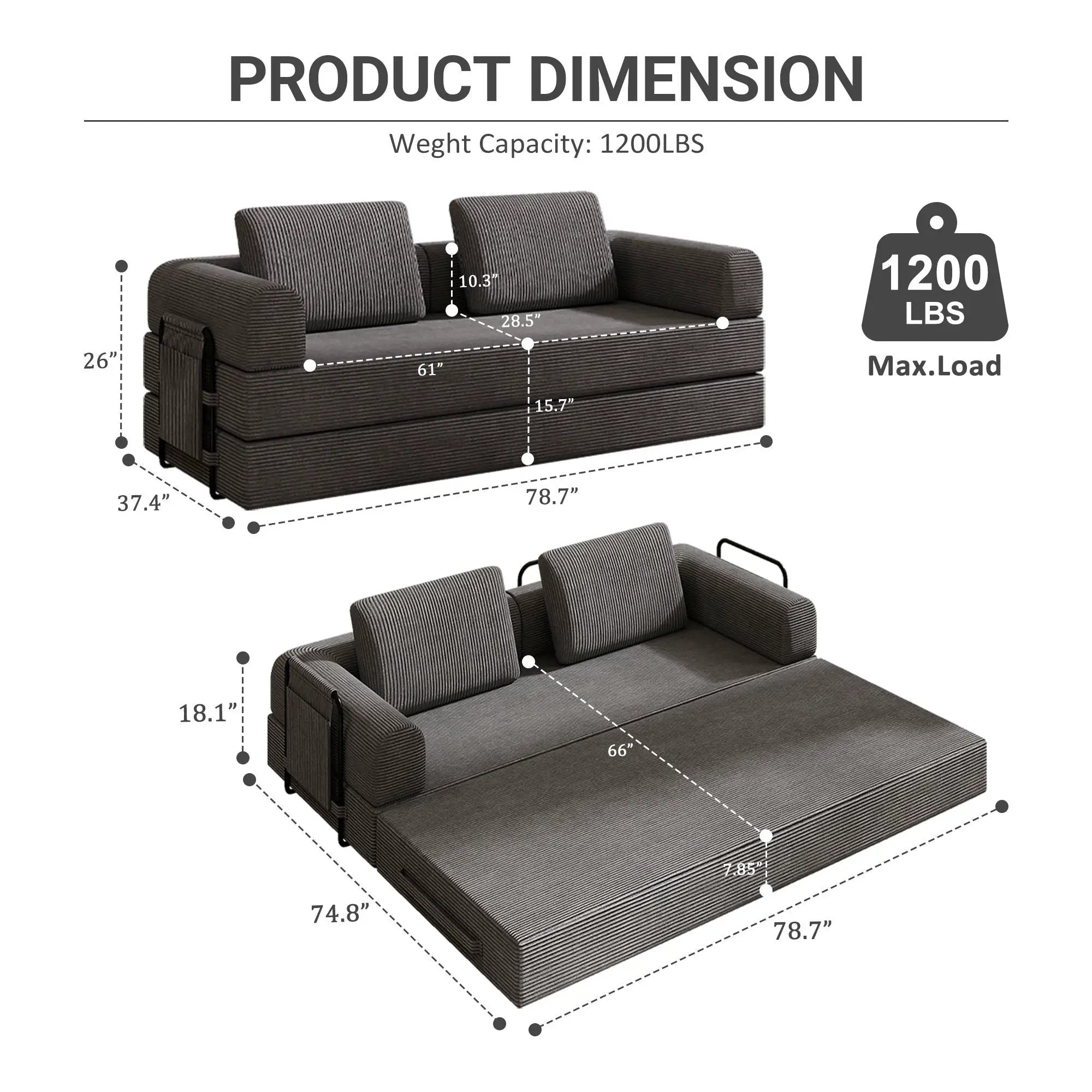 Convertible Sleeper Sofa Bed With Cylindrical Pillow, Fixed Shape Frame by Unique Piece Furniture