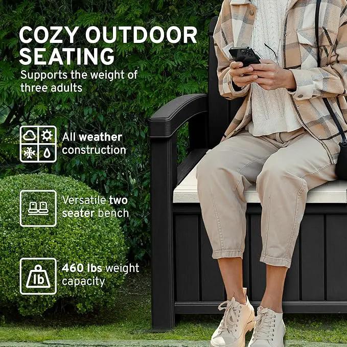 EconoHome 2 Seat Outdoor Storage Bench with Rain Cover - 60 Gallon Capacity - Weatherproof Resin Bench for Patio, Porch, Garden, Yard, Pool Area - Furniture for Pool Accessories, Gardening Tools by GreenHaven Gardens