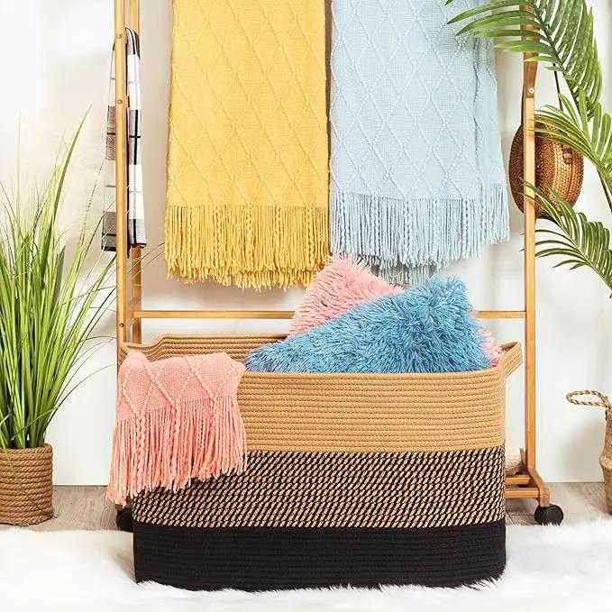 MINTWOOD Design 22in Extra Large Blanket Basket Holder for Living Room, Rectangle Rope Woven Storage Bin with Handles for Laundry, Pool Towels, and Shoes, Dog Toy Box Organizer, Black Jute by GreenHaven Gardens