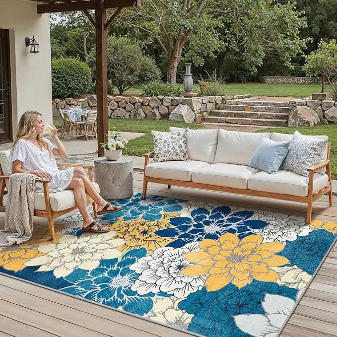 GENIMO Indoor Outdoor Area Rug 6' X 9' Waterproof, Washable Patio Rug Non Shedding, Easy Cleaning Floral Outdoor Carpet for Living Room, Bedroom, Dining Room, Balcony, Backyard, Deck, RV, Blue by GreenHaven Gardens