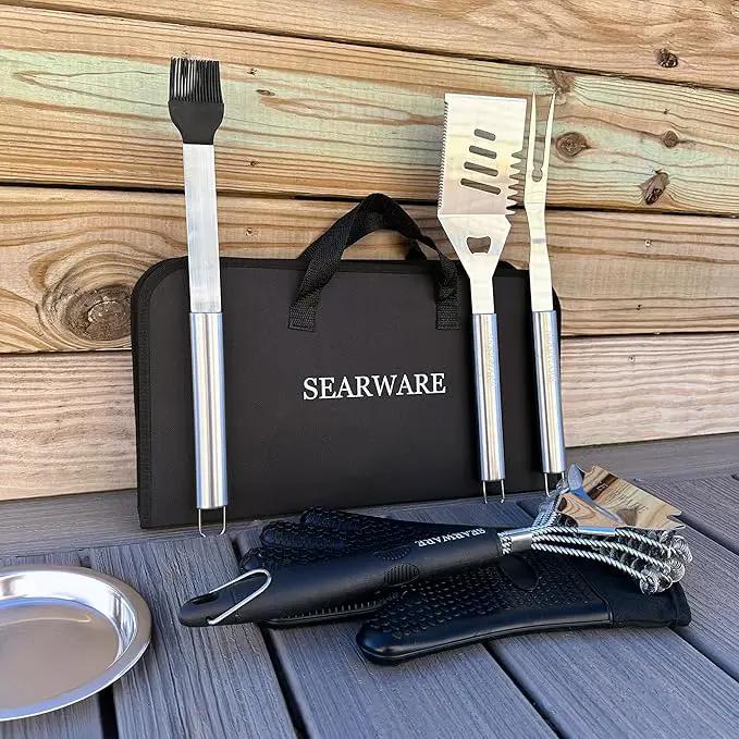 Barbecue Grill Tool Set - Stainless Steel - Strong Durable Design - Heat Resistant Glove & Bristle Free Grill Brush - Thermometer, Meat Injector, & Corn Skewers - Perfect For Smokers & Grills by GreenHaven Gardens