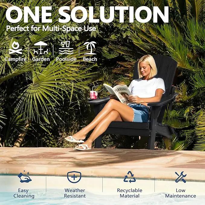 Folding Adirondack Chair Set of 4 with Cup Holder, HDPE All Weather Resistant Plastic Outdoor Patio Chairs, Heavy Duty Fire Pit Seating for Backyard Lawn Garden, Wooden Textured Design(Black) by GreenHaven Gardens