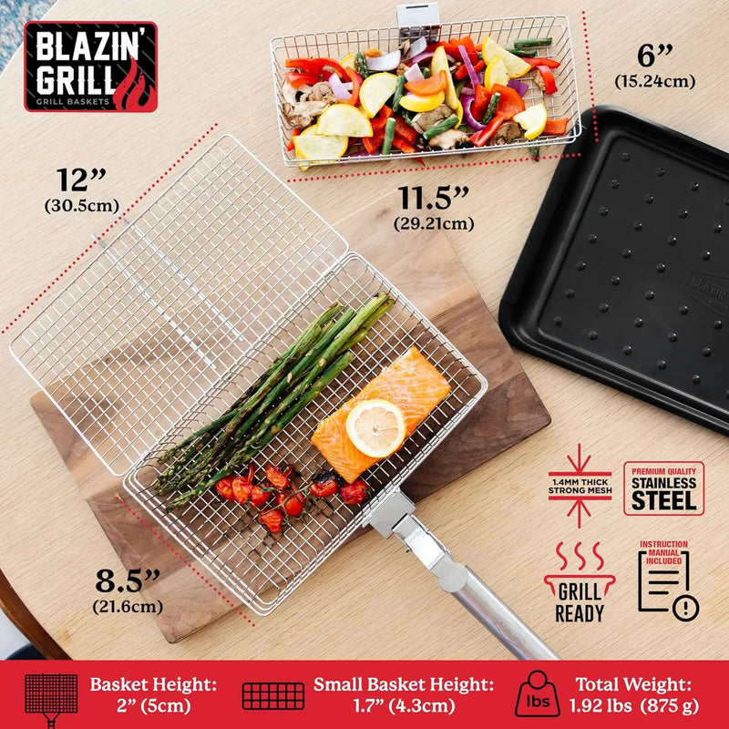 BLAZIN' GRILL Baskets for Outdoor Grill | 2 Grilling Baskets with Detachable Handle | Barbecue Grill Set with BBQ Gloves | Portable Camping Net Rack Perfect for Vegetables, Seafood & Meat by GreenHaven Gardens