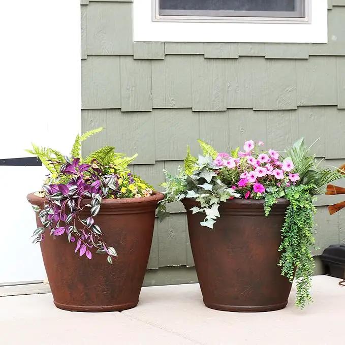 Sunnydaze 24-Inch Anjelica Large Plastic Pot for Plants - Outdoor Polyresin Round Planter with Drillable Drainage Holes - Rust - 4pk by GreenHaven Gardens