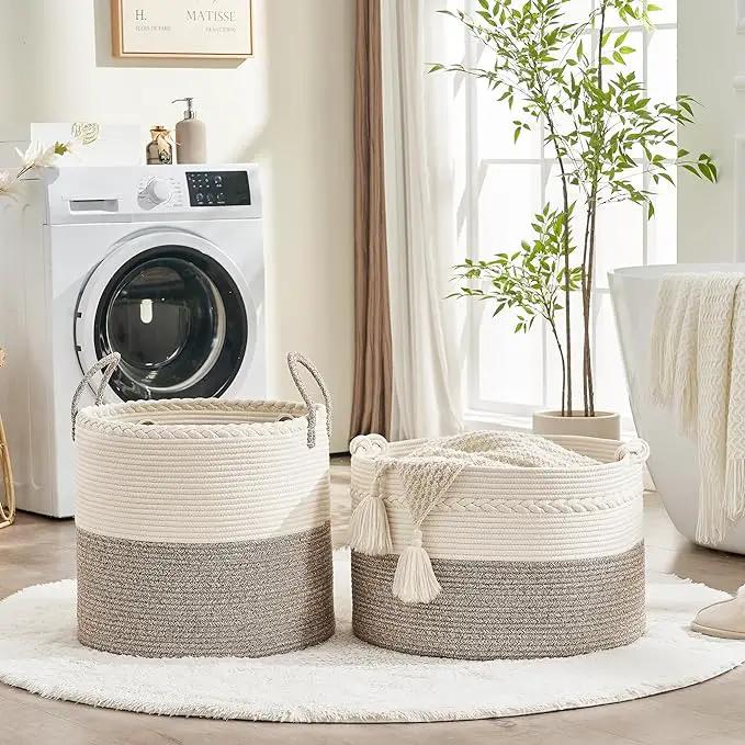 KAKAMAY Large Blanket Basket (20"x13"),Woven Baskets for storage Baby Laundry Hamper, Cotton Rope Blanket Basket for Living Room, Laundry, Nursery, Pillows, Baby Toy chest (White/Beige) by GreenHaven Gardens