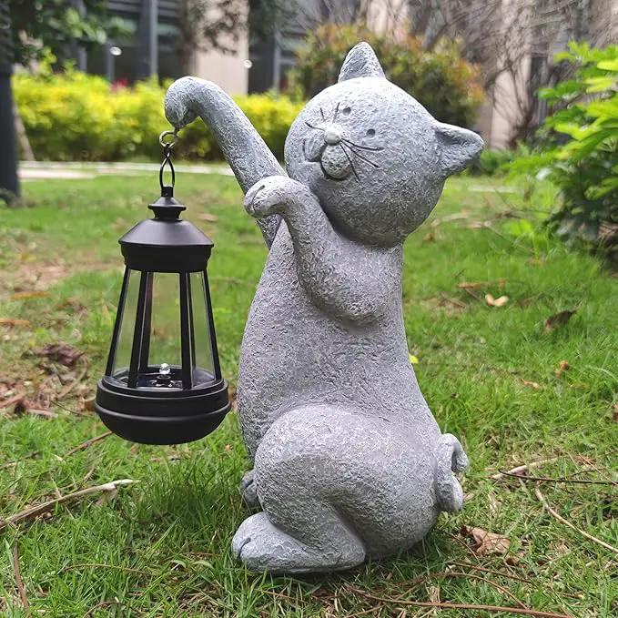 Cat Solar Garden Statues,Resin Cat Figurine Decorations with Solar Lights Lantern, Outdoor，Statue Decor Art for Lawn,Yard,Unique Housewarming Gift for Garden Home by GreenHaven Gardens
