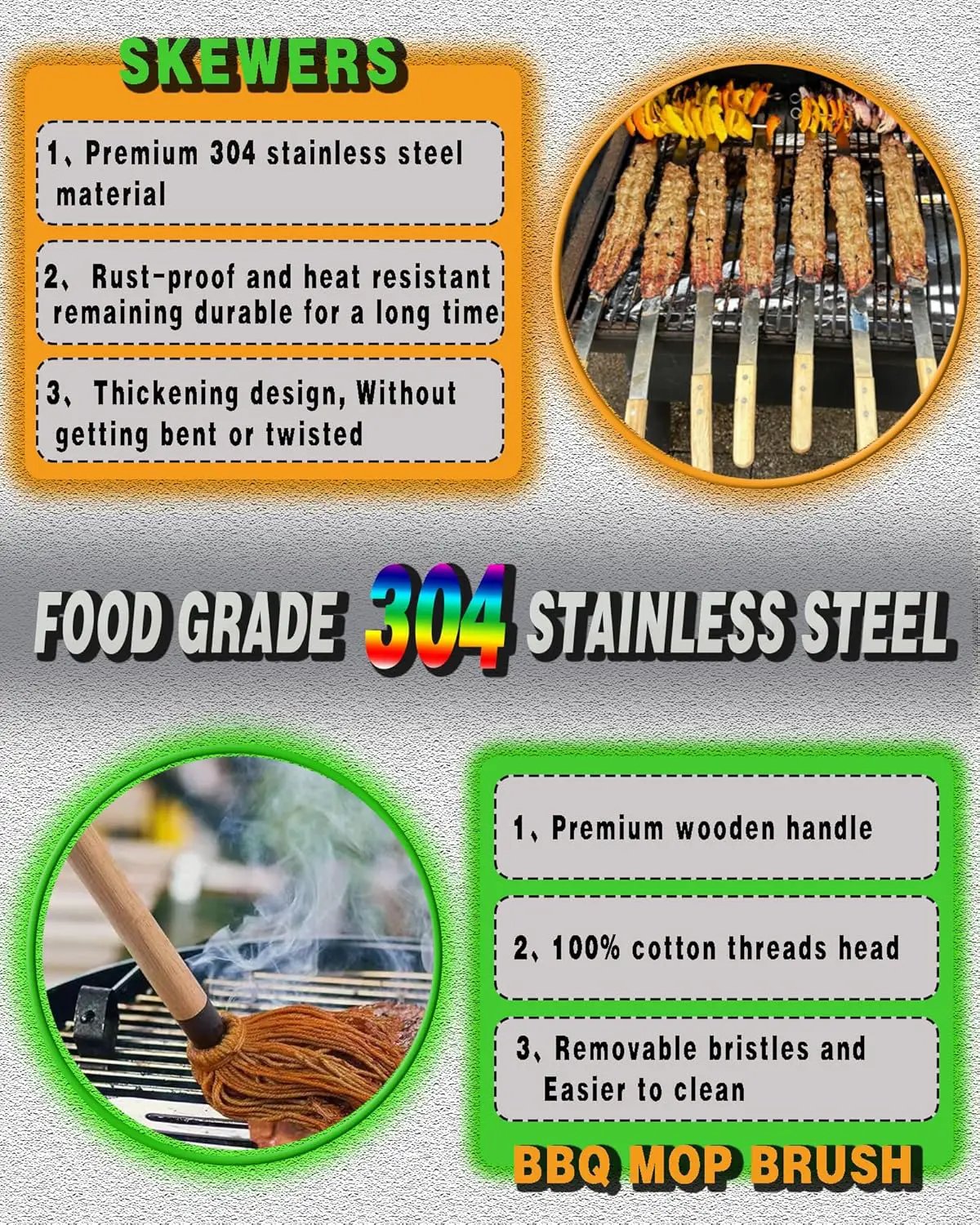 27 Inch Extra Long 1 Inch Wide Kabob Skewers for Grilling, Premium 304 Stainless Steel Barbecue Skewer with Wood Handle,Metal Flat Kebab Skewers include 8PCS BBQ Skewer,1PCS Grill Mop Brush by GreenHaven Gardens