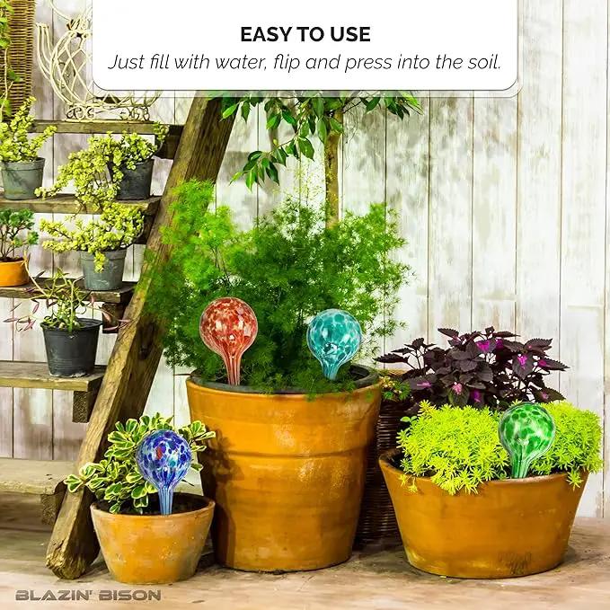 Blazin Indoor Plant Watering Globes | Automatic Self Water Bulbs | Aqua Water Globe | Decorative Hand-Blown Glass | 4pc Deluxe Set (4, Small) by GreenHaven Gardens