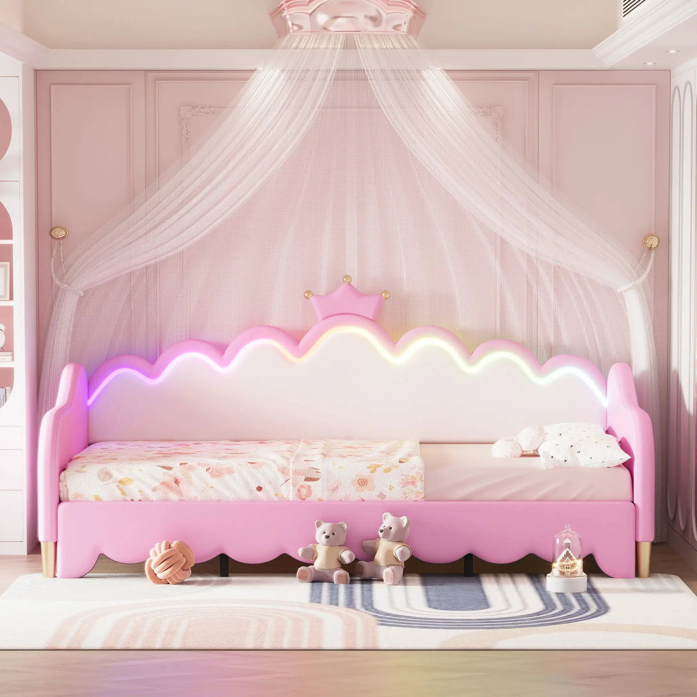 Extending Daybed With LED Lights, Modern Upholstered Princess Daybed With Crown Headboard by HouseOfZazla