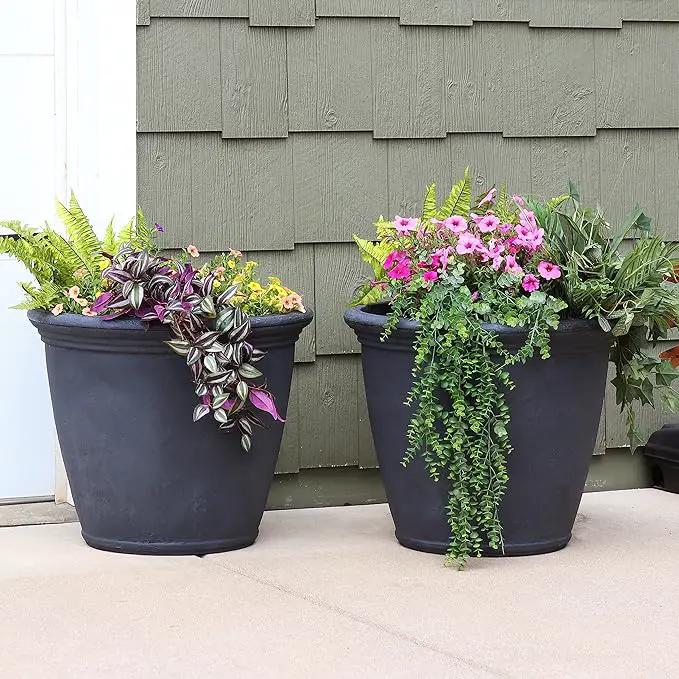 Sunnydaze 24-Inch Anjelica Large Plastic Pot for Plants - Outdoor Polyresin Round Planter with Drillable Drainage Holes - Slate - 2pk by GreenHaven Gardens