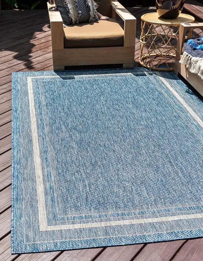 Unique Loom Outdoor Border Collection Area Rug - Soft Border (4' 1" x 6' 1" Rectangle, Blue/ Ivory) by GreenHaven Gardens
