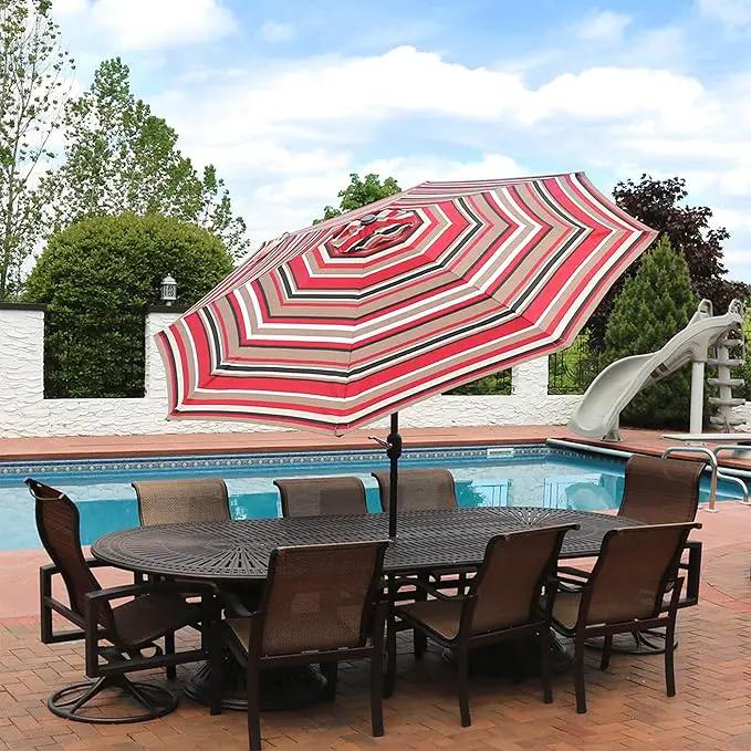 Sunnydaze Outdoor Patio Umbrella - Polyester Table Market Umbrella with Push-Button Tilt and Crank - 8 Sturdy Ribs - Awning Stripe - 9ft by GreenHaven Gardens