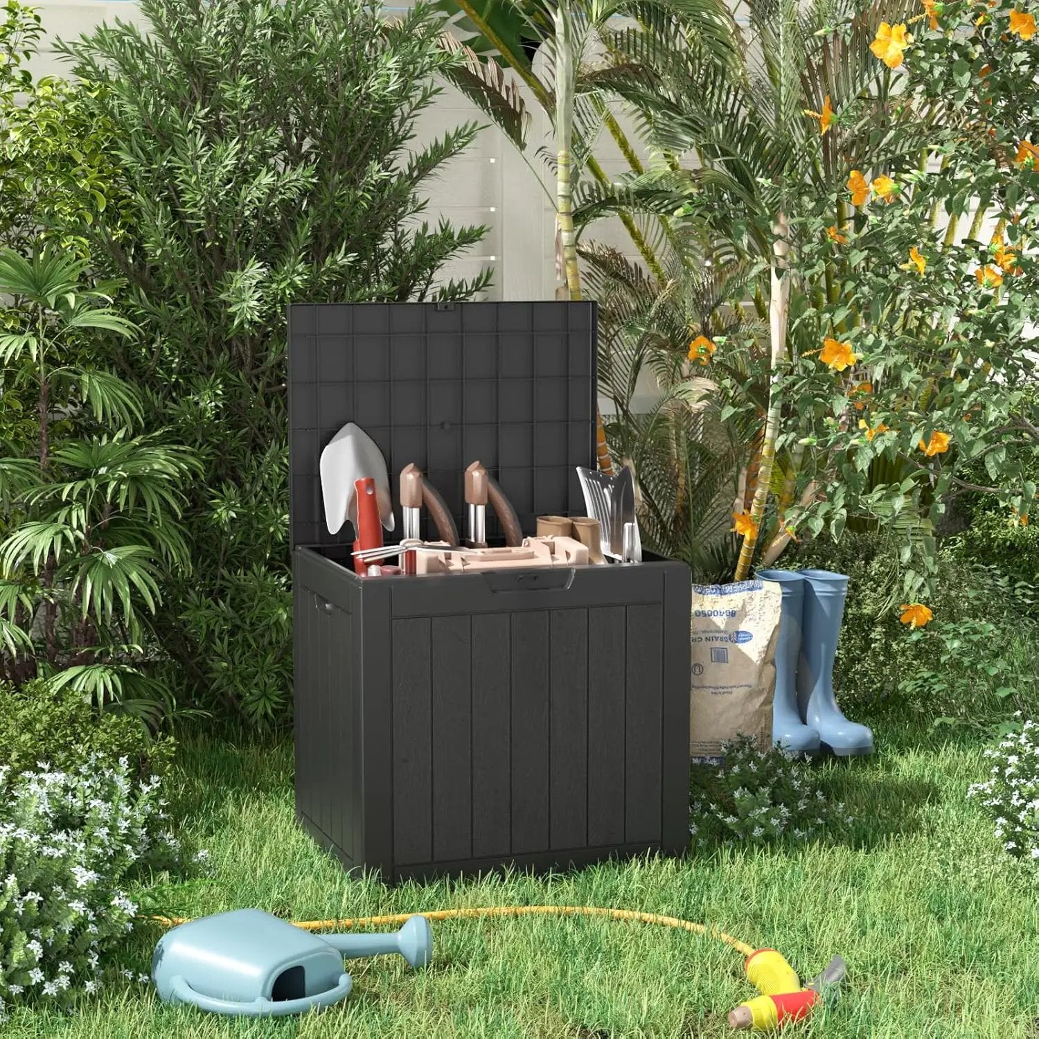 31 Gallon Resin Deck Box, Lockable Patio Outdoor Storage Box for Furniture, Garden Tools and Tools Storage, Waterproof Outside Storage Boxes - Black by GreenHaven Gardens