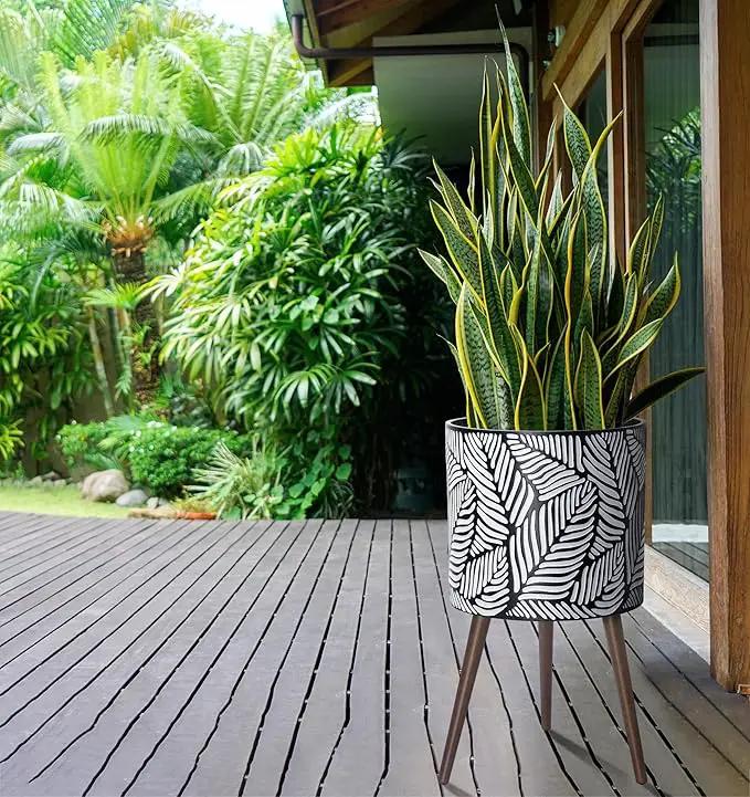 D'vine Dev 16 Inch Planter Pot with Stand, Mid-Century Tall Plant Pot with Legs for Indoor Plants, XX-Large, White/Grey, 88-L-E-7 by GreenHaven Gardens