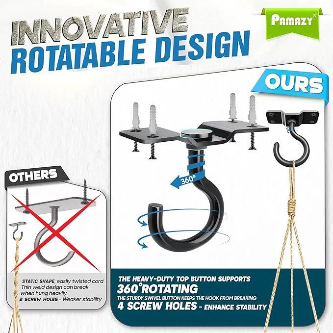 [UPGRADED] 4Pcs 200LBS Rotatable Ceiling Hooks with 4 Screw Points Base, Wall Mount Metal Hanger Black Ceiling Hook for Hanging Plant, Bird Feeder, Lights, Bed Canopy, Wind Chime, Indoor Outdoor Decor by GreenHaven Gardens
