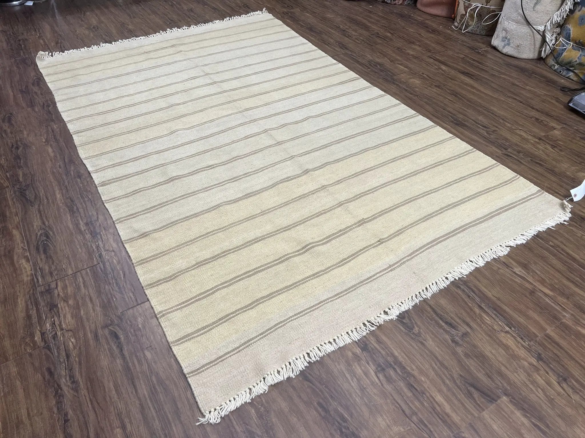 New Turkish Kilim Rug 5x8 Flatweave Carpet, Bohemian Rug, Contemporary Rug, Hand Woven, Wool Area Rug, Gray and Taupe, Striped Pattern by Jewel Rugs