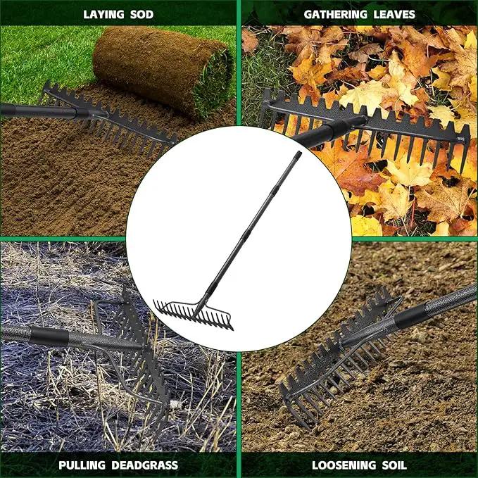 77'' Bow Rake ，17 Tines Metal Head Rakes with Stainless Steel Handle，Heavy Duty Garden Rake for Loosening Soil Gathering Leaf Leveling Lawn Farming Land Management Yarn Thatch Rake by GreenHaven Gardens